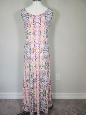 Ivanka Trump Razorback Halter Gold Ring Multicolor Abstract Print Maxi Dress S L
